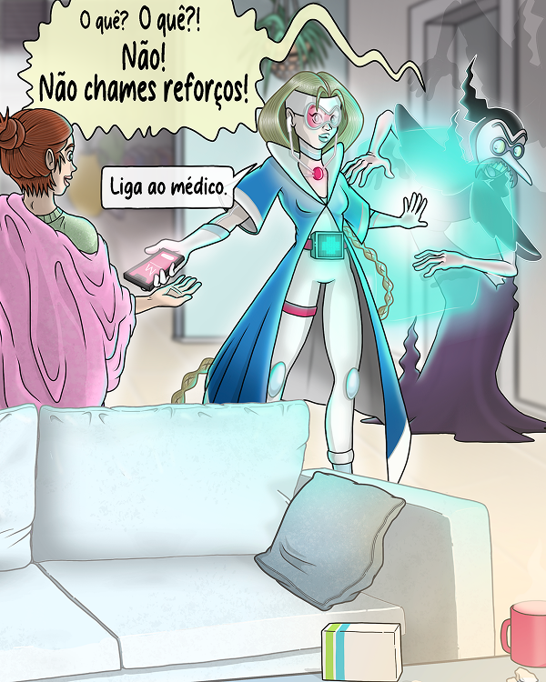 Médis protege uma mulher de um vilão, dizendo-lhe para ligar ao médico.