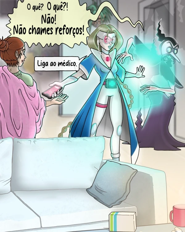 Médis protege uma mulher de um vilão, dizendo-lhe para ligar ao médico.