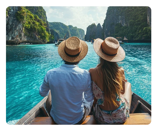 Casal de chapéu num barco em lago azul entre montanhas tropicais