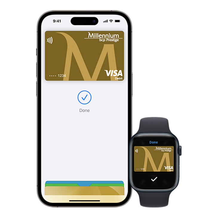 telemóvel com ecrãn Apple Pay com cartão Prestige e relógio iWatch com imagem de cartão Débito Prestige