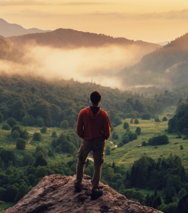 man on top of a mountain, admiring a valley