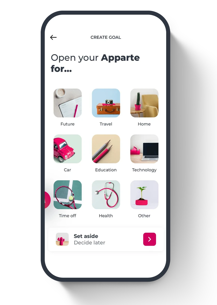 Mobile phone with the Apparte goal selection screen in the Millennium App