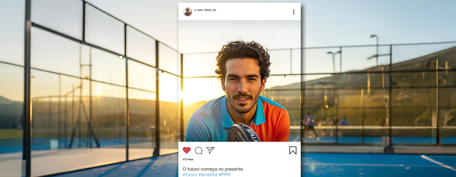 Jovem influencer, em desporto padel, no seu próprio perfil das redes sociais