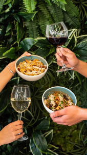 mãos  a segurar copos de vinho e bowls em local tropical