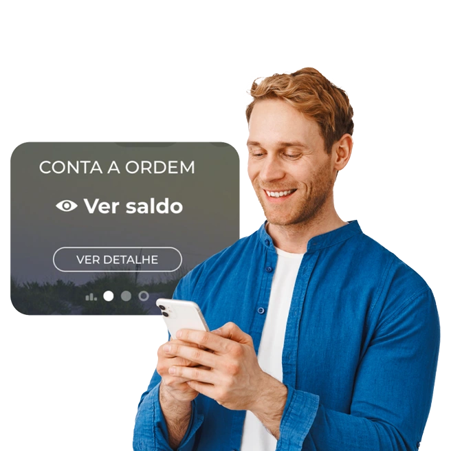 homem a sorrir com telemóvel na mão, e ilustração de écran da App Milennium com saldo da conta não visível