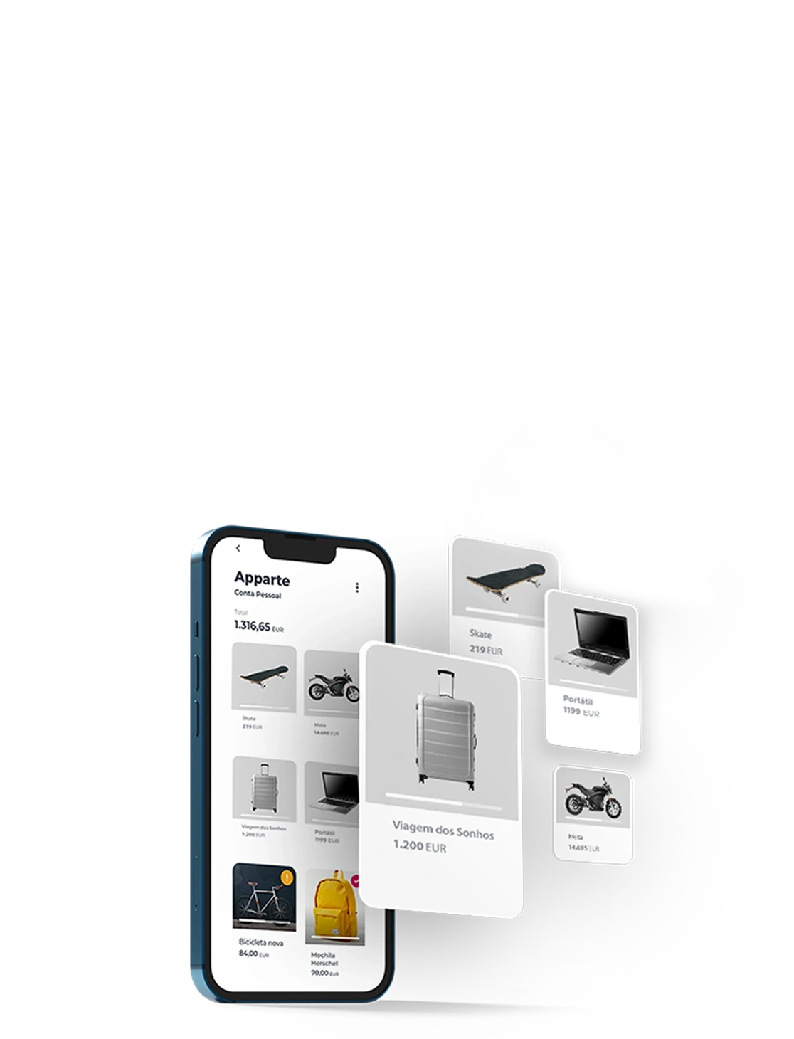 mobile phone with the Apparte screen and illustrations of the categories