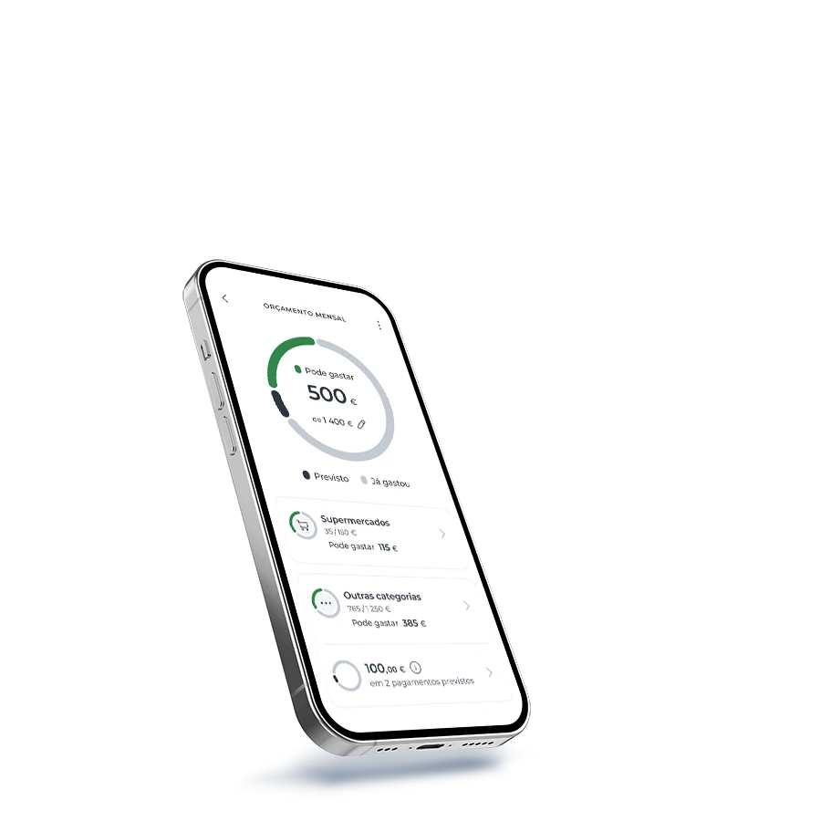 Ecrã sobre o orçamento mensal criado na área Gerir da App Millennium, apresentado num smartphone em perspetiva