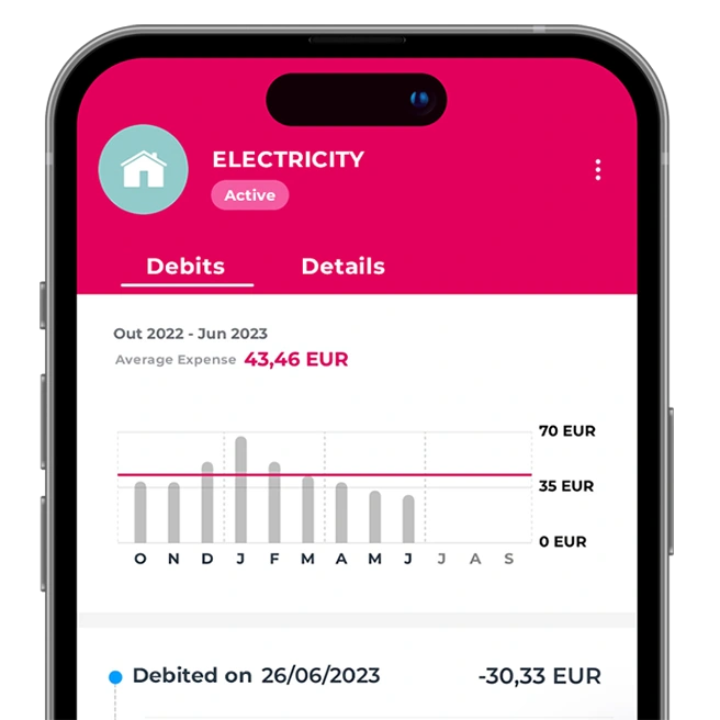 Millennium App screen to manage direct debits