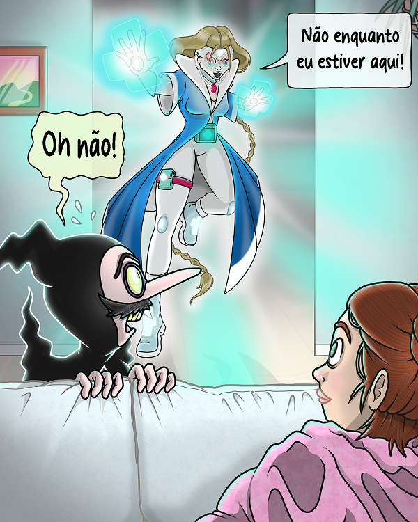 Médis levita com poder nas mãos, a confrontar um vilão que se esconde atrás do sofá.
