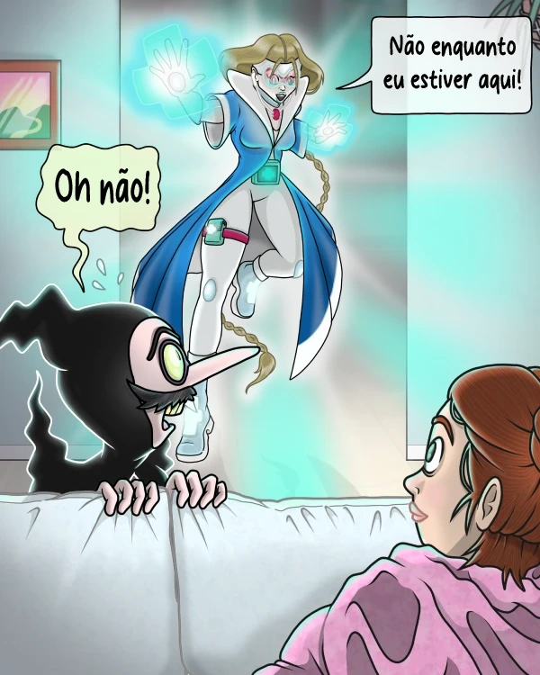 Médis levita com poder nas mãos, a confrontar um vilão que se esconde atrás do sofá.