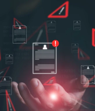 mão com palma para cima, com ilustrações de pop-ups e sinais de alerta