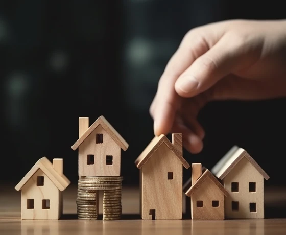 Mão ajusta casas de madeira sobre pilhas de moedas, representando investimento imobiliário