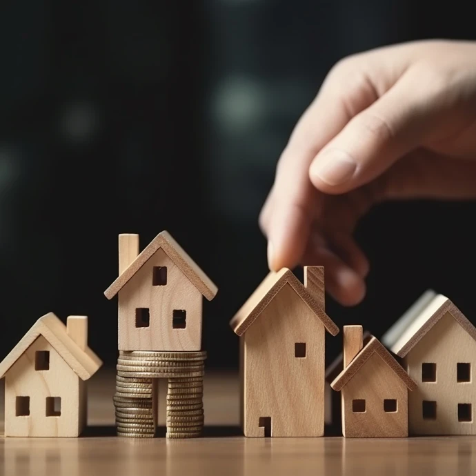 Mão ajusta casas de madeira sobre pilhas de moedas, representando investimento imobiliário