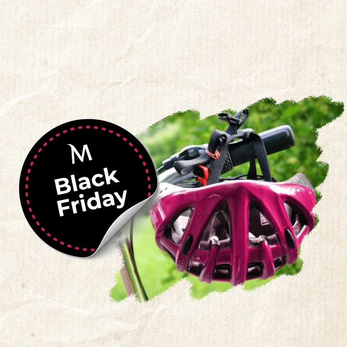 Anúncio Black Friday, com capacete cerise pendurado num guiador de bicicleta, em fundo tipo papel