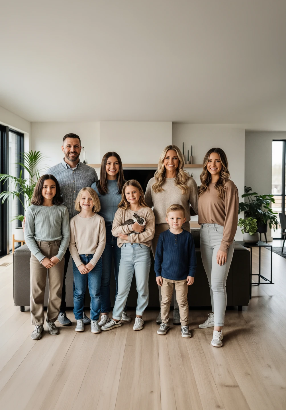 Large family with parents and six children posing for a photograph in the living room