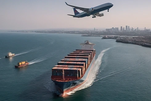 Navio porta-contentores a navegar com avião a sobrevoar uma cidade costeira