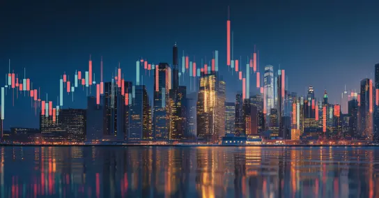 Gráfico financeiro sobreposto a uma paisagem urbana noturna