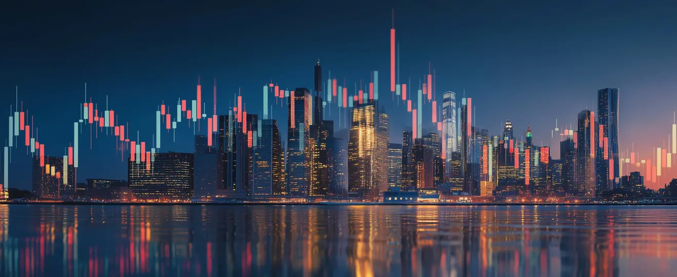 Gráfico financeiro sobreposto a uma paisagem urbana noturna