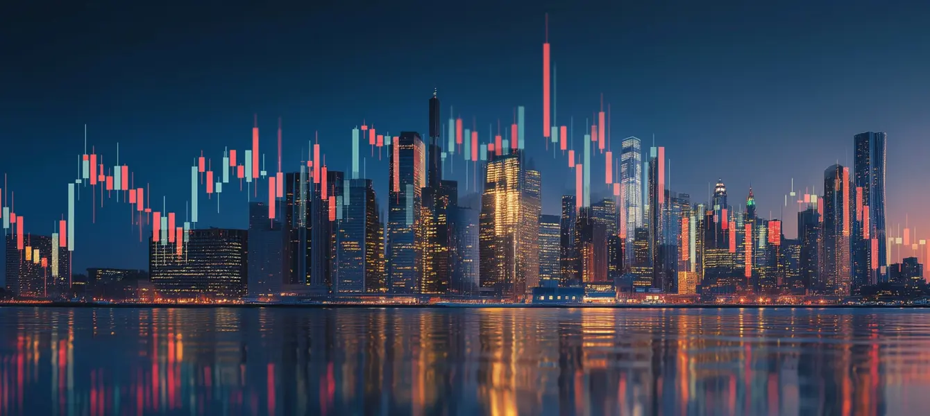 Gráfico financeiro sobreposto a uma paisagem urbana noturna