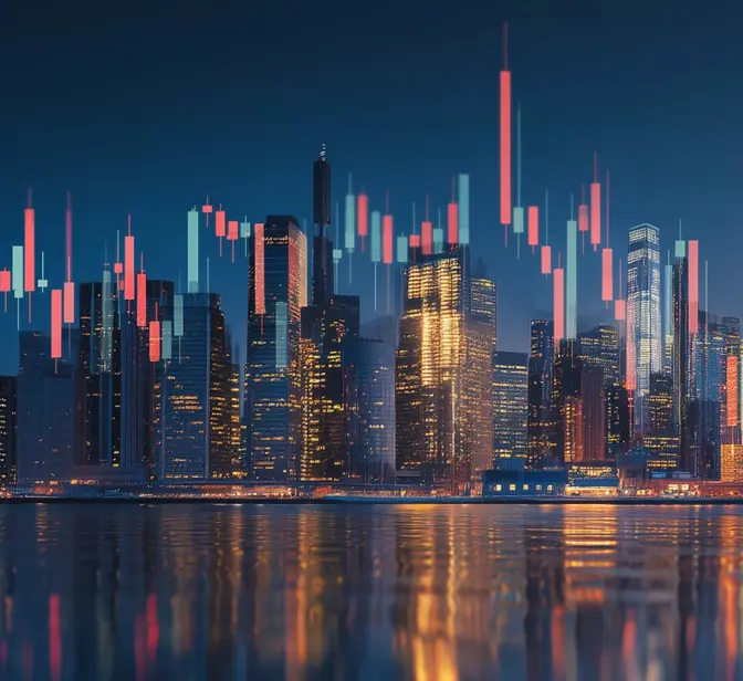 Gráfico financeiro sobreposto a uma paisagem urbana noturna