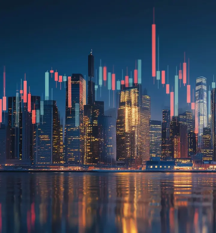 Gráfico financeiro sobreposto a uma paisagem urbana noturna