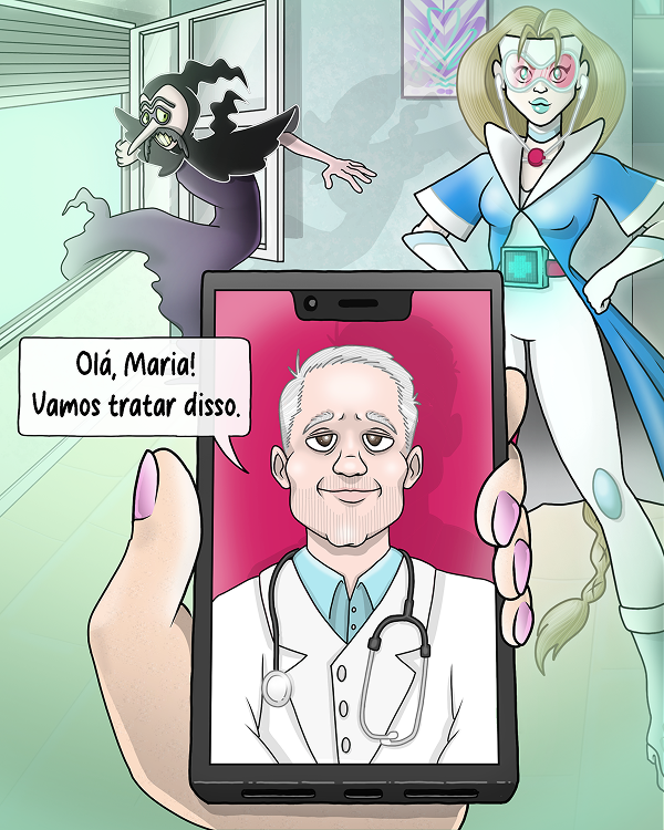 Consulta médica por vídeo enquanto um vilão foge ao fundo.