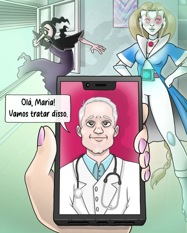 Consulta médica por vídeo enquanto um vilão foge ao fundo.
