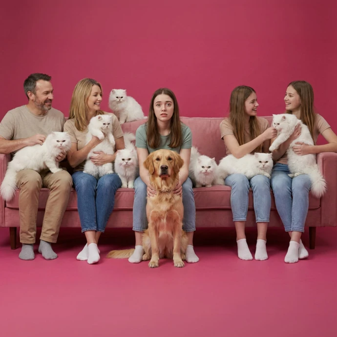 Família sorridente com gatos brancos e cão, uma jovem com expressão séria