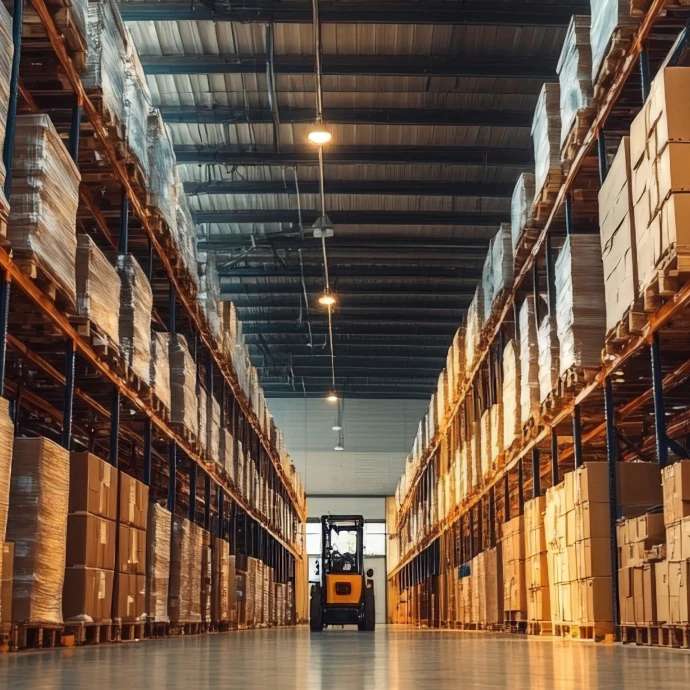 Empilhador num corredor de armazém com prateleiras cheias de caixas