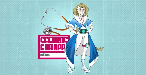 Super-heroína médica em estilo de animação junto ao logótipo dos seguros Médis