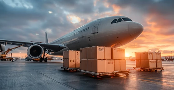 Avião de carga no aeroporto ao pôr do sol, com paletes de caixas prontas para embarque