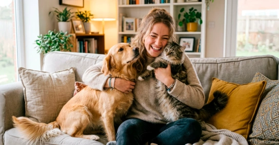Mulher sorridente abraça um cão e um gato no sofá da sala