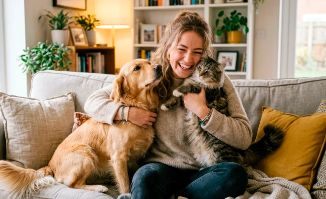 Mulher sorridente abraça um cão e um gato no sofá da sala