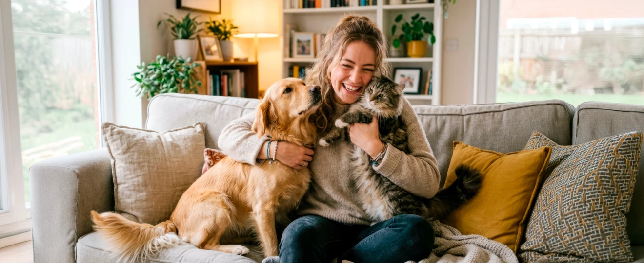 Mulher sorridente abraça um cão e um gato no sofá da sala