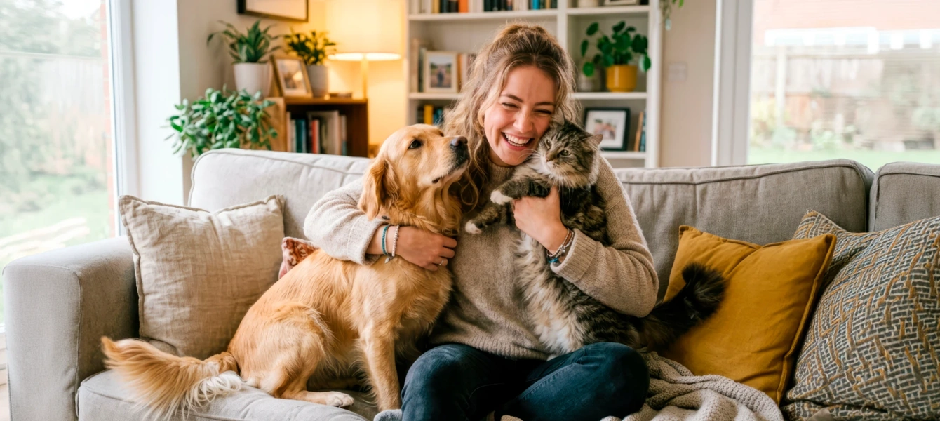 Mulher sorridente abraça um cão e um gato no sofá da sala