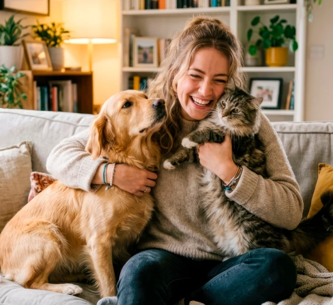 Mulher sorridente abraça um cão e um gato no sofá da sala