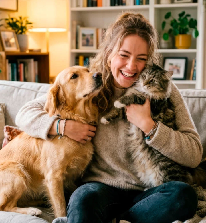 Mulher sorridente abraça um cão e um gato no sofá da sala