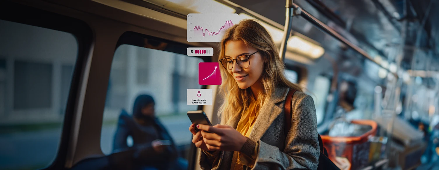 girl looking at her phone and smiling, with elements of the Millennium App