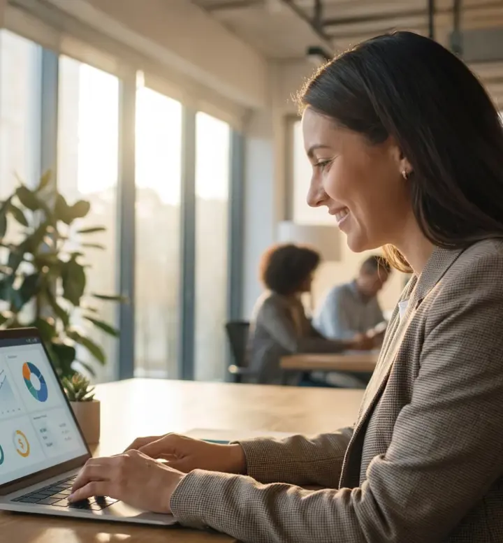 Mulher analisa gráficos num portátil num escritório moderno