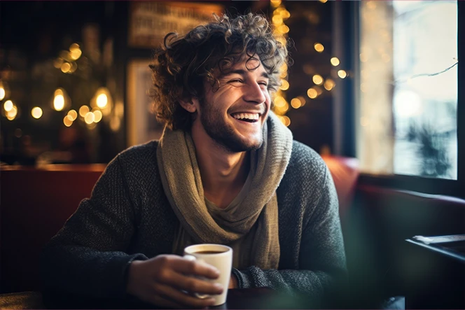 rapaz sorridente, num café, com chávena na mão