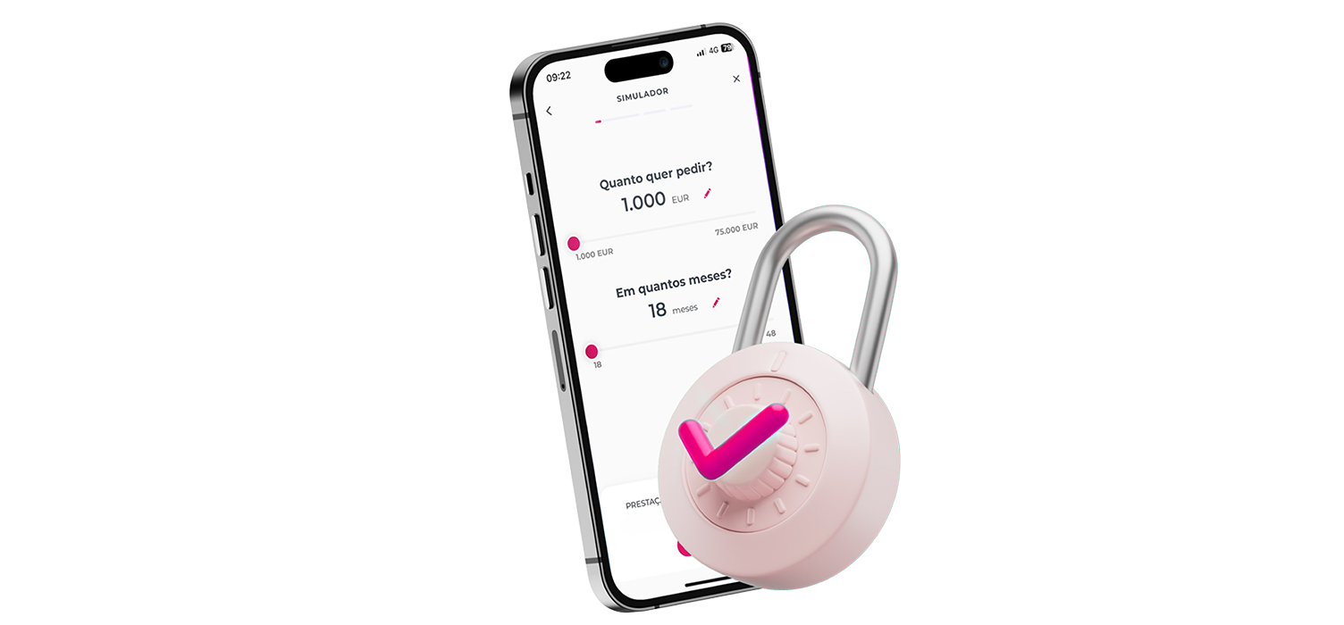 écran da App Millennium com simuladr de crédito pessoal e ilustração de cadeado em cima