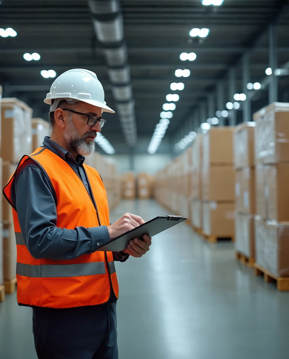 Homem com colete e capacete verifica prancheta num armazém com caixas organizadas