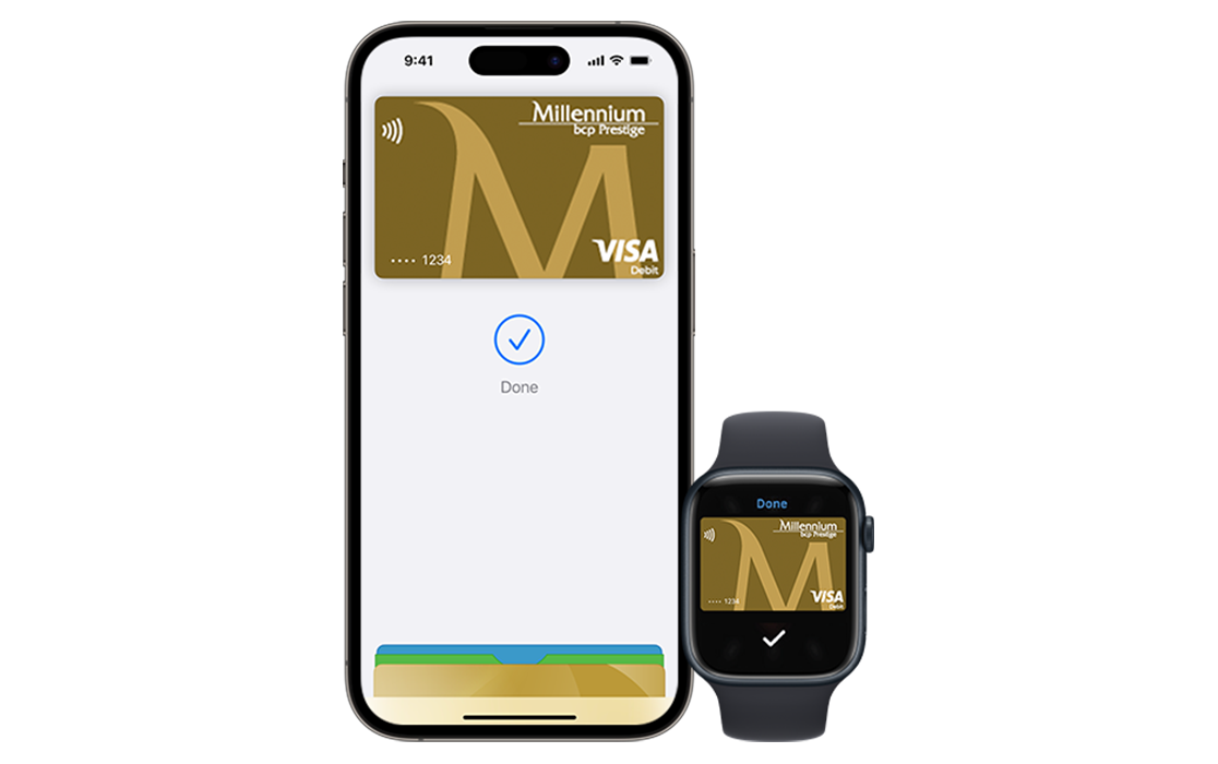 telemóvel com imagem do ecrãn Apple Pay com cartão Prestige e Face ID e relógio iWatch com imagem de cartão Débito Prestige