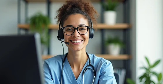 médica, com estetoscópio ao pescoço e headphones, em frente a computador