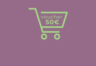 Ícone de um carrinho de compras na cor verde, sob um fundo de cor rosa velho, e o texto "voucher 50€"