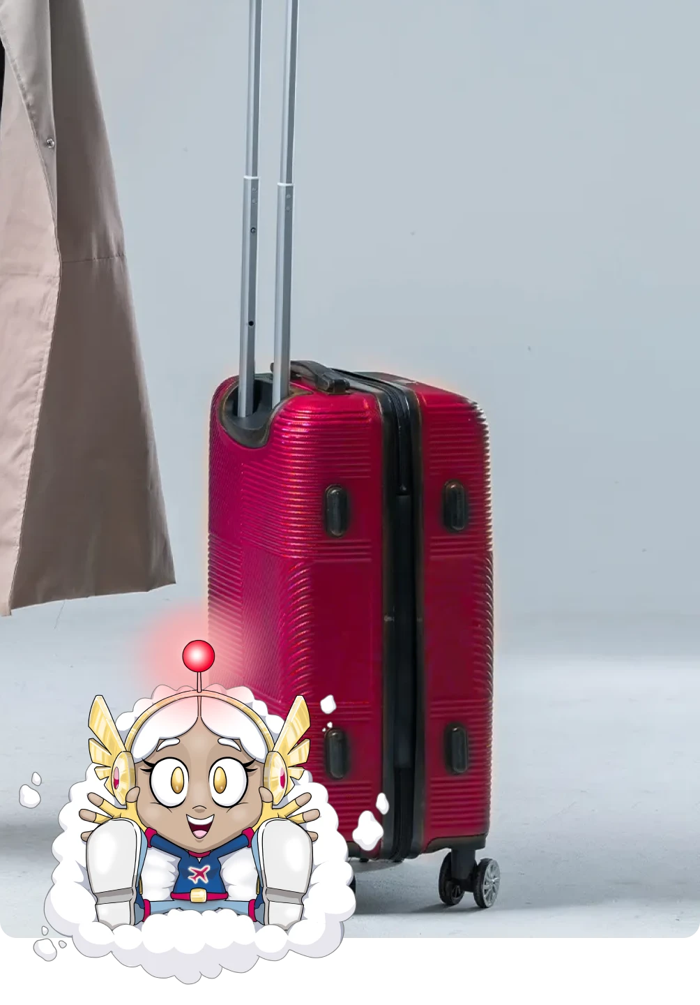 Super-herói ON/OFF flutua sorridente em frente a uma mala de viagem vermelha