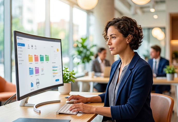 Woman in an office using a file management system on her computer