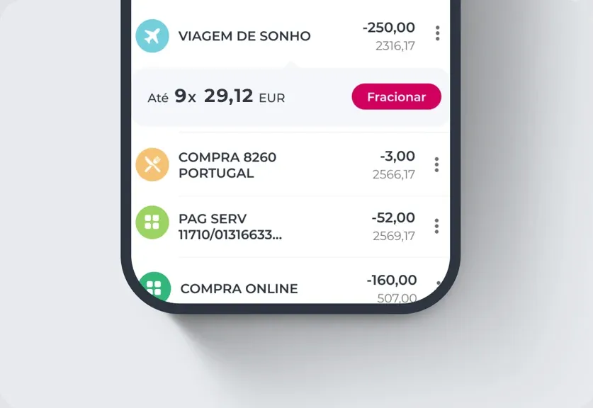 Ecrã de fracionar pagamento na App Millennium