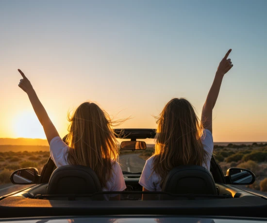 Duas pessoas num descapotável ao pôr do sol levantam os braços