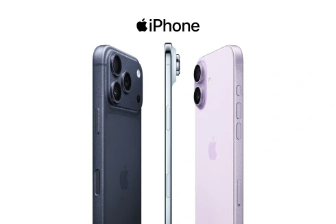Três modelos de iPhone em azul-escuro, azul-claro e lilás sobre fundo branco